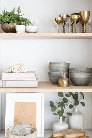 Oak Kitchen Shelves With Gray Bowls And