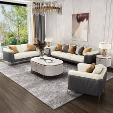 Vertex Gray Beige Modern Living Room Set Leather Upholstered Sofa Set Pillow Included