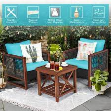 Forclover 3 Pieces Wicker Patio Conversation Furniture Sofa Set With Wooden Frame And Turquoise Cushion