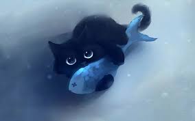 Black Cat Holding Fish Wallpaper