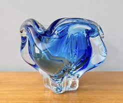 Vintage Murano Blue Glass Bowl Vase For