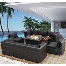 nicesoul gray 9 piece wicker patio conversation set deep sectional seating set with charcoal cushions and fire pit table