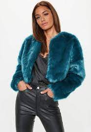 Teal Collarless Faux Fur Coat