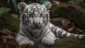 white tiger cub with blue eyes looking