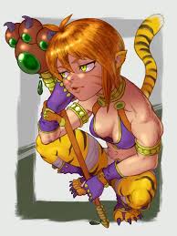 rinpoo chuan, breath of fire, breath of fire ii, highres, 1girl, animal  ears, breasts, buresuobu, bustier, cat ears, facial mark, full body,  gloves, green eyes, holding, holding weapon, medium breasts, navel, open