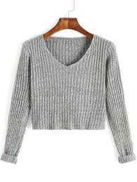 Grey V Neck Long Sleeve Crop Sweater