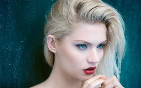 women blonde blue eyes red lipstick