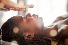 black woman relax and reiki spa