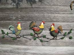 Country Roosters Painted Tole Metal