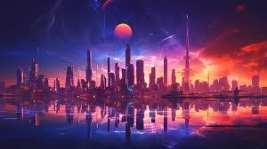 sunset cityscape a retro futuristic