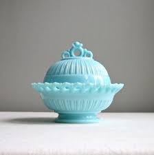 Vintage Blue Milk Glass Covered Bowl By