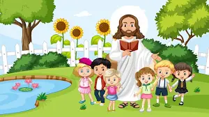 Jezus Z Dziećmi W Parku | Premium Wektor