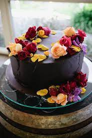 chocolate cake with fresh flowers
