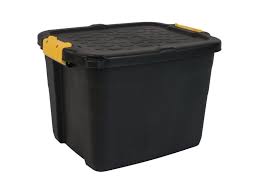 This storage bin with wheels has molded grooves for easy stacking. Strata Heavy Duty Storage Box Secure Stackable Case 42 Litre 50x40x35cm Resistant To 410 Kg Black Yellow
