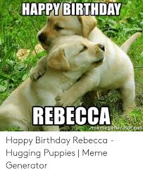 Cute dog celebrating a birthday party, tinting the head side and looking at camera, wearing a pink polka dot hat. Happy Birthday Rebecca Memegener Happy Birthday Rebecca Hugging Puppies Meme Generator Birthday Meme On Me Me