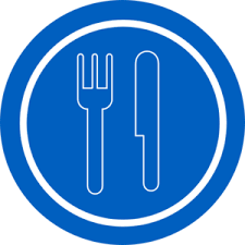 Blue circle with a fork and knife in the middle.