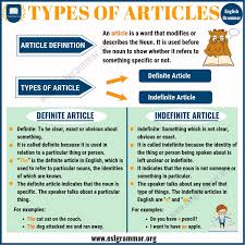Articles are words that define a noun as specific or unspecific. Types Of Articles Definite Article Indefinite Articles Esl Grammar
