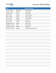 2020 australia list of holidays in pdf