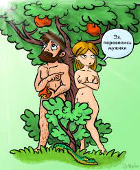 Иллюстрация Адам и Ева в стиле 2d, карикатура, комикс |