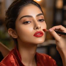 a makeup artist applies red lipstick