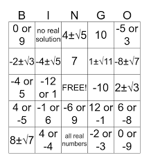 Solving Quadratic Equations Bingo Card