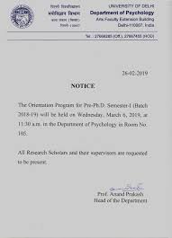 department of psychology university of delhi notice for orientation programme for pre ph d semester i batch 2018 19