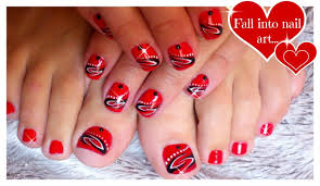 Red Toe And Hand Nails With Black And White Design Idea