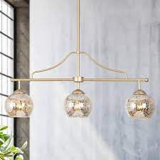 Zevni 3 Light Modern Gold Kitchen Island Chandelier Lighting Transitional Linear Pendant Hanging Light With Mercury Glass