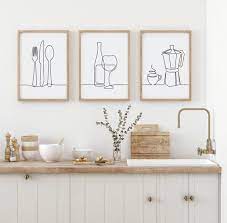 Kitchen Wall Art Set Of 3 Line Drawing