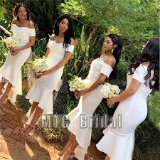 Short dresses don't just allow brides to move freely during their day, though. Short White Mermaid Bridesmaid Dresses Off The Shoulder Short Sleeve Black Girl Wedding Party Dress Plus Size Maid Of Honor Gown Bridesmaid Dresses Aliexpress