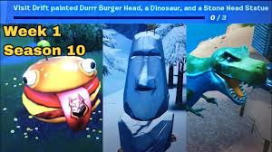 Here is where you can find the durrr burger head, a dinosaur and a stone head statue in the new season x map! Fortnite Visit Drift Painted Dur Burger Head A Dinosaur And A Stone Head Statue Youtube