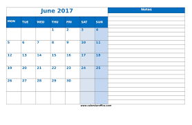 Blank June 2017 Calendar Templates Printable With Notes Pdf Excel