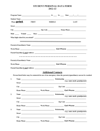 Fillable Online Student Personal Data Form 2012 13