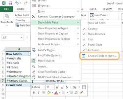 choose fields to show olap pivottable