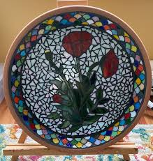 Mosaic Glass Poppies Birdbath Handmade