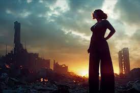 prompthunt: Scarlett Johansson as a **giantess woman, huge, gigantic,  towering over a destroyed city, hands on her hips,hyper detailed, dramatic  lighting, Unreal Engine, by Weta Digital, by Wētā FX, by WLOP, Cinematic,