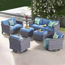Neptune Gray 7 Piece Wicker Patio Conversation Seating Sofa Set With Denim Blue Cushions And Swivel Rocking Chairs