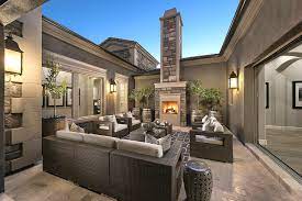outdoor living space stone fireplace