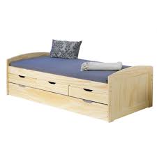 Il letto estraibile include un cassetto, un cassetto che contiene un secondo materasso, nascosto sotto il letto. Letto Moderno Singolo Con Secondo Letto Estraibile E Cassetti In Legno Naturale