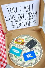 Next you will need to cut two long strips of poster board to make the edges of your cake, so you can attach the money and candy. Diy Graduation Gifts With Money Pizza Box Picture Fame Ideas