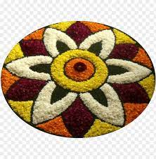 In the above flower rangoli images there is use of red, yellow and orange flower with border of rose flower. Easy Onam Pookalam Desi Png Image With Transparent Background Toppng