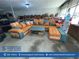 warm brown and blue u shaped sofa set