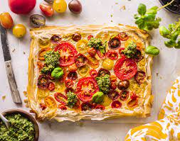 tomato filo tart with pesto vegan recipe