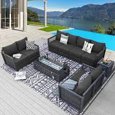Nicesoul Modern 6 Piece Gray Wicker Patio Frie Pit Deep Sectional Seating Sofa Set With Ultra Thick Gray Cushions