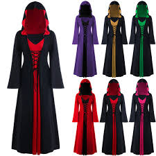 Womens Plus Size Halloween Hooded Lace Up Party Show New Cosplay Costumes Scary Vampire Witch Medieval Victorian Masquerade Dress Cloak Halloween