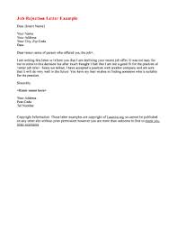 job offer rejection letter sle