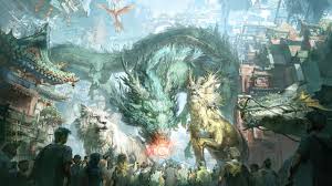 dragon mythical creatures fantasy city