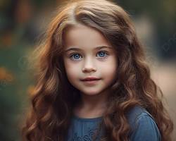 صورة فتاة صغيرة ذات شعر مجعد بني وعيون بنية ترتدي فستانًا أزرق