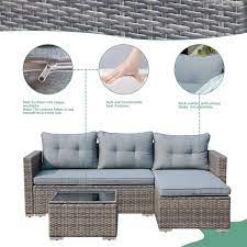 Freestyle Brown 3 Pieces Wicker Patio Rama Outdoor Sectional Set With Gray Cushions