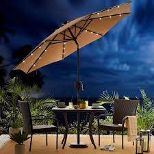9 Ft Bluetooth Speaker Solar Lighted Market Patio Umbrella In Taupe